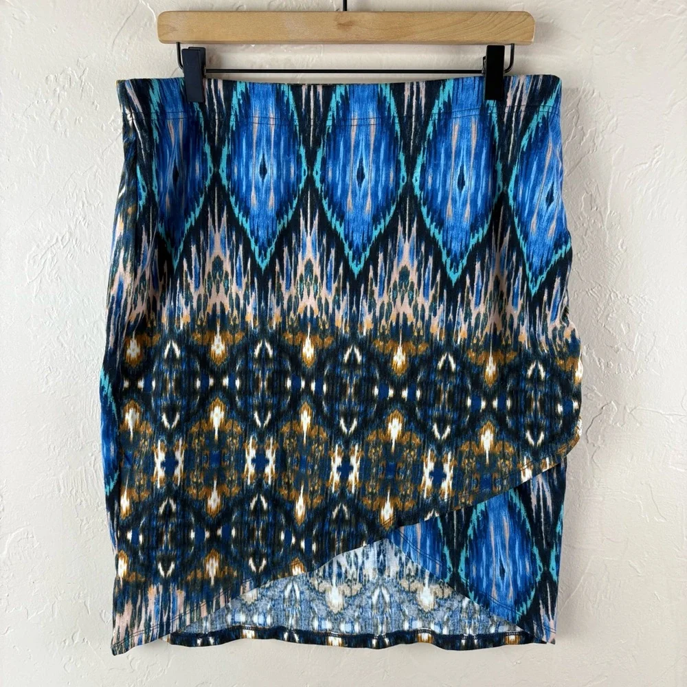 Wrangler Blue Patterned Women's Skirt Knit Faux Wrap Western Large Knee Length - Picture 1 of 6